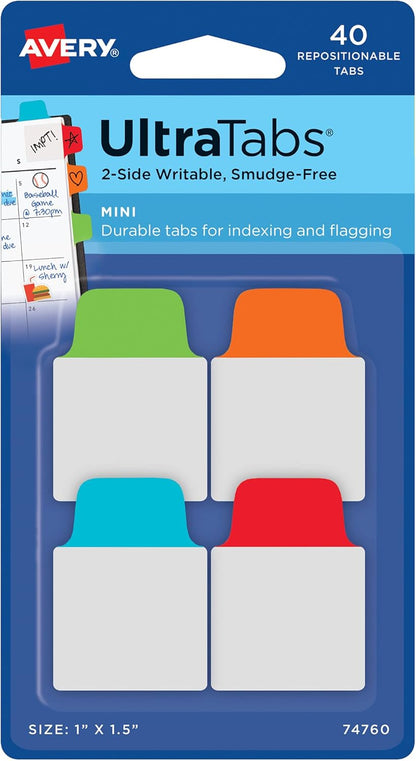 Avery Mini Ultra Tabs, 1" x 1.5", 2-Side Writable, Assorted Metallic Colors, 40 Repositionable Tabs (74785)