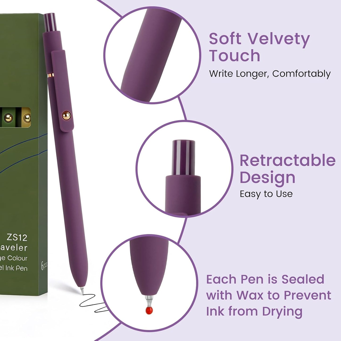 FIOVER 5pcs Gel Pens Quick Dry Ink Pens Fine Point Premium Retractable Rolling Ball Gel Pens Black Ink Smooth Writing for School Office Home