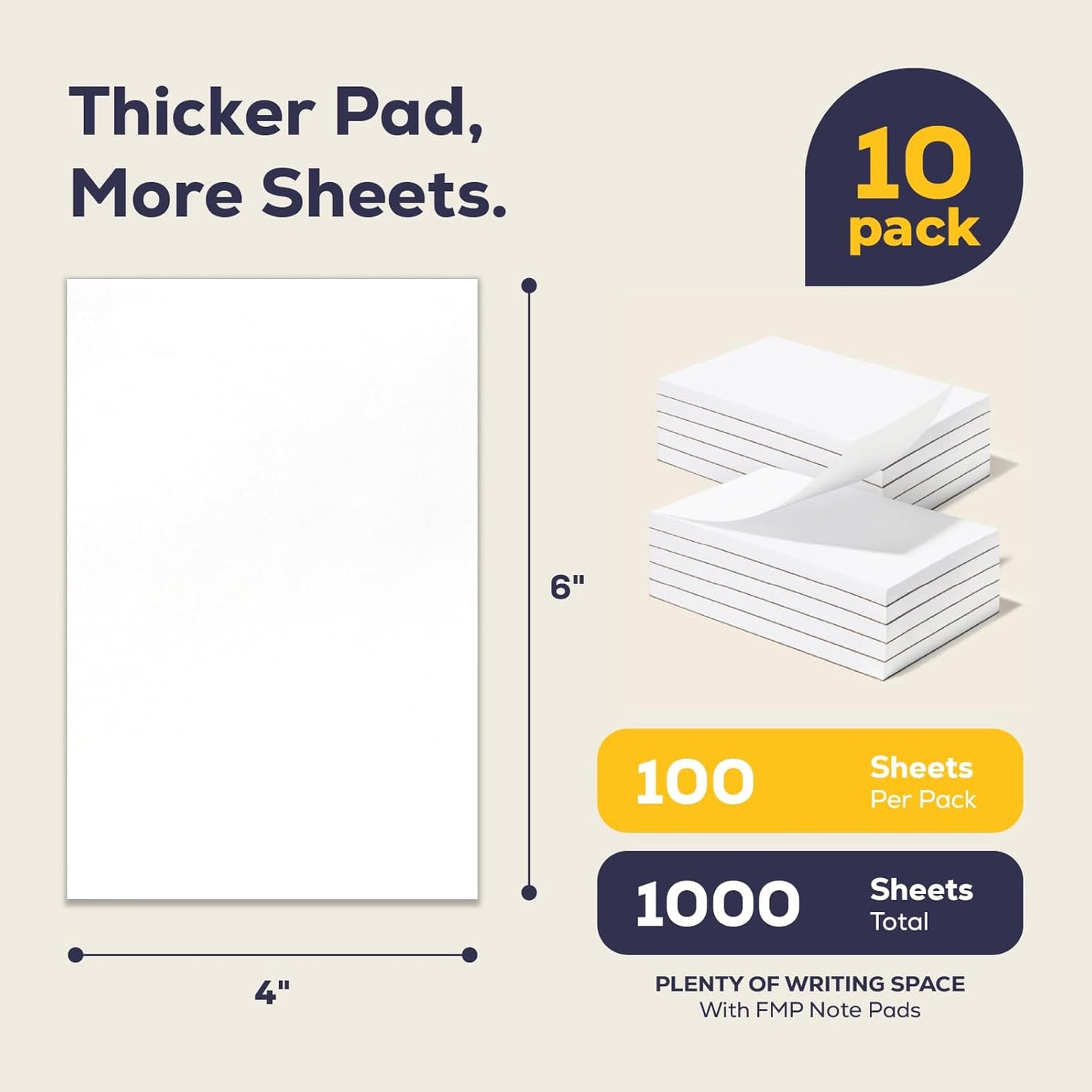 FMP Brands 10 Pack Note Pads 4x6, 100 Sheets Per Memo Pad, Writing Scratch Pad, Blank Notepad, White Waitress Server Note Pads, Paper Pad, To Do Grocery List Small Notepads