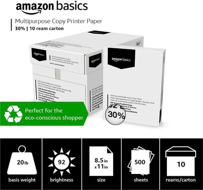 Amazon Basics 30% Recycled Multipurpose Copy & Print Paper, 8.5 x 11 Inches, 20 lb Weight, 92 Bright, White, FSC Certified, 1500 Sheets (3 Reams)