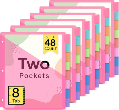 Taja 16 Count Dividers for 3 Ring Binder with Two Pockets, 8 Tabs Set, Plastic Binder Index Dividers, Perfect for Office & School Organization Supplies, Bright Colors, 2 Set