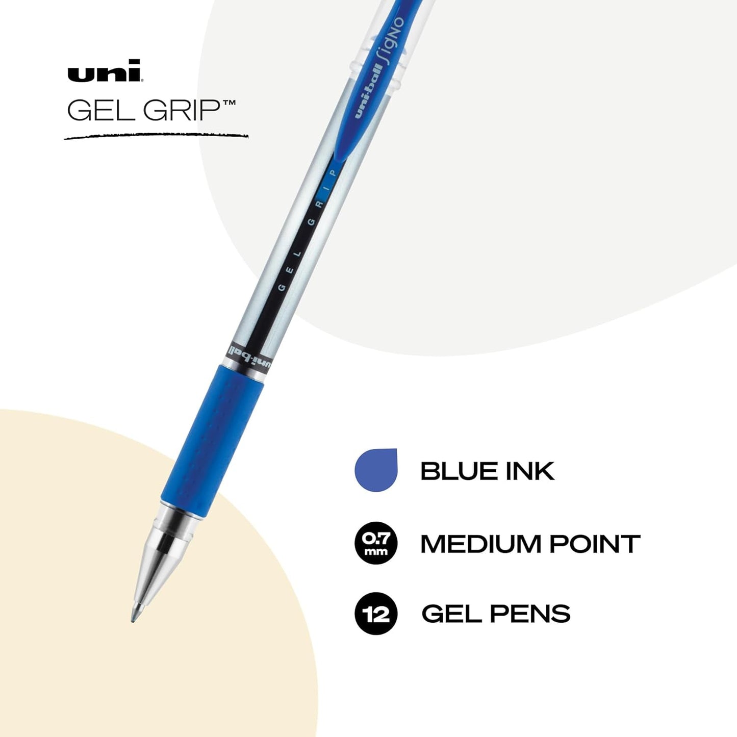 uniball Gel Grip Gel Pens, Medium Point (0.7mm), Blue, 12 Pack