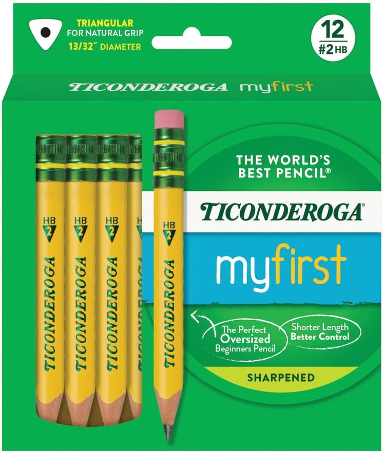 Ticonderoga My First Half-Size Wooden Pencils, Large Triangle-Barrel Pre-Sharpened #2 (HB) Short 4.5" Yellow Pencils with Erasers, Yellow, 12/Pack