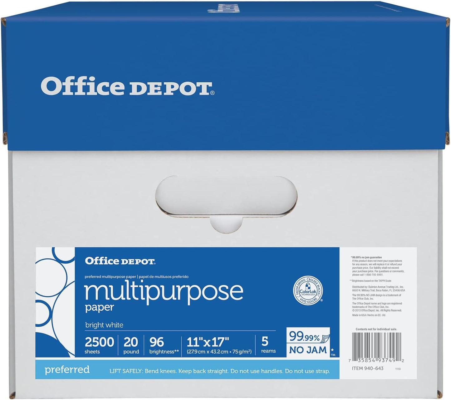 Office Depot Extra Bright Copy Paper, 11in. x 17in., 20 Lb., 90 Brightness, Case Of 5 Reams