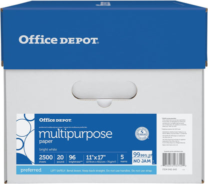 Office Depot Extra Bright Copy Paper, 11in. x 17in., 20 Lb., 90 Brightness, Case Of 5 Reams
