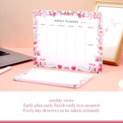 Weekly Planner Notepad Tear Off Set of 2 Weekly Calendar Pad 52 Undated To Do List Notepad Sheets Desk Planner Planning Pads Productivity Tracker for Work Goals Notes Schedule Ideas, Floral Blue