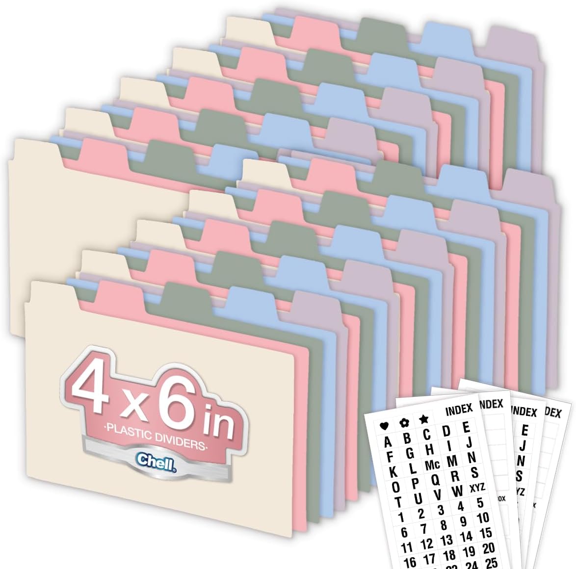 Chell 4x6 Plastic Index Card Dividers, Heavyweight Poly Index Card Guides A-Z for Flash Cards and Recipe Cards, with Alphabetical/Blank Stickers, Pack of 25