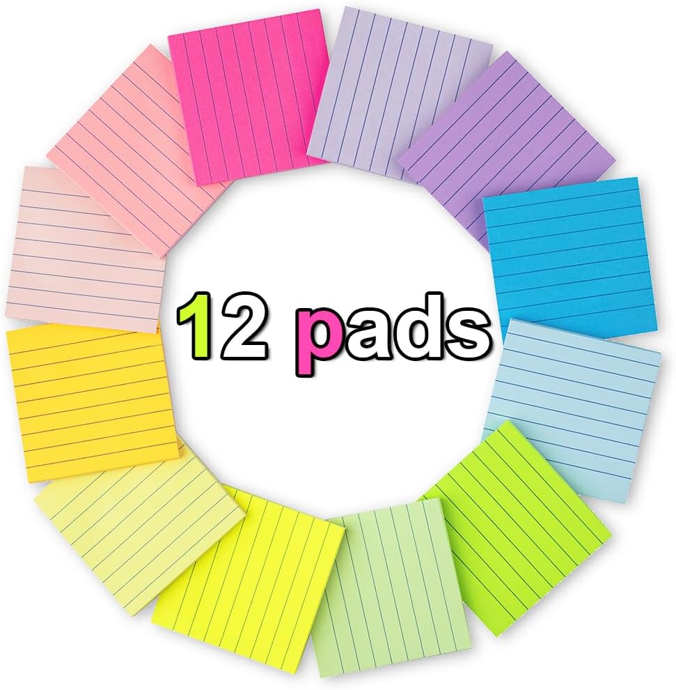 (24 Pack) Lined Sticky Notes 3x3 in,Notepads with Lines,Ruled Stickies Super Sticking Power,Office School Memo Note Pads Bright Colors,Post on Windows Doors,Recyclable,Easy to Write on