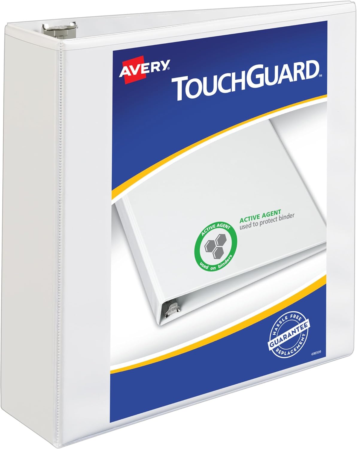Avery TouchGuard Protection 3 Ring Binder, Customizable Cover, 1.5 Inch Slant Rings, 1 White Binder (17142)