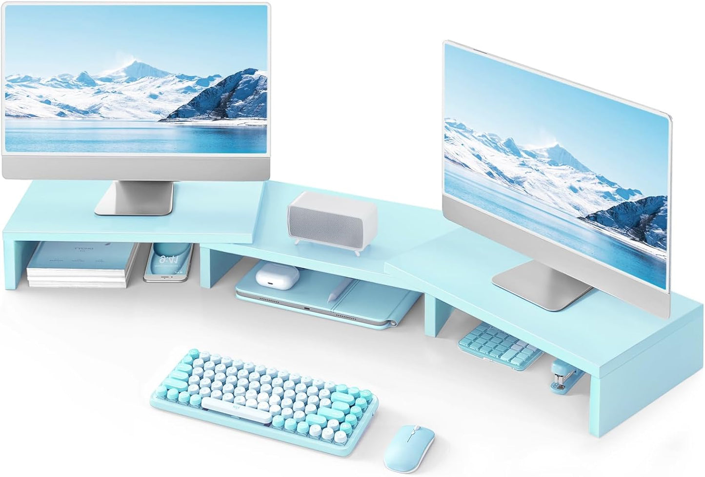 TAVR Dual Monitor Stand Riser Office Desktop Organizer Stand for 2 Monitors, Adjustable Length and Angle 3 Shelf, Extra Long Multifunctional Wooden Stand up to 43.3" fit Computer, Laptop, TV, Black
