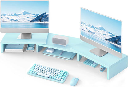 TAVR Dual Monitor Stand Riser Office Desktop Organizer Stand for 2 Monitors, Adjustable Length and Angle 3 Shelf, Extra Long Multifunctional Wooden Stand up to 43.3" fit Computer, Laptop, TV, Black