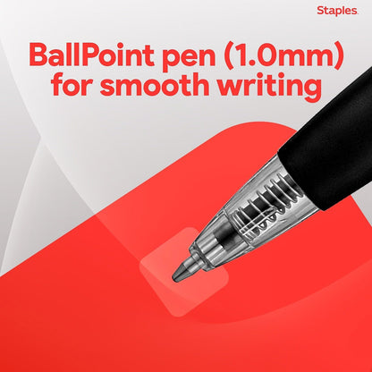 STAPLES Retractable Ballpoint Pens, Medium Point 1.0mm, Black Ink, 12 Pack – Comfortable, Smooth‑Writing Pens for Everyday Office Use