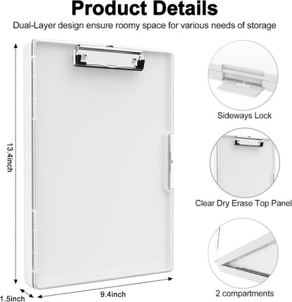 Piasoenc Clipboard with Storage, 8.5 x 11 Clip Boards with 2 Storage Case and A4 Paper Folder, Clear Dry Erase Top Panel, Heavy Duty Plastic, Folio & Side Opening, for Nurses, Teachers, Lawers,Black
