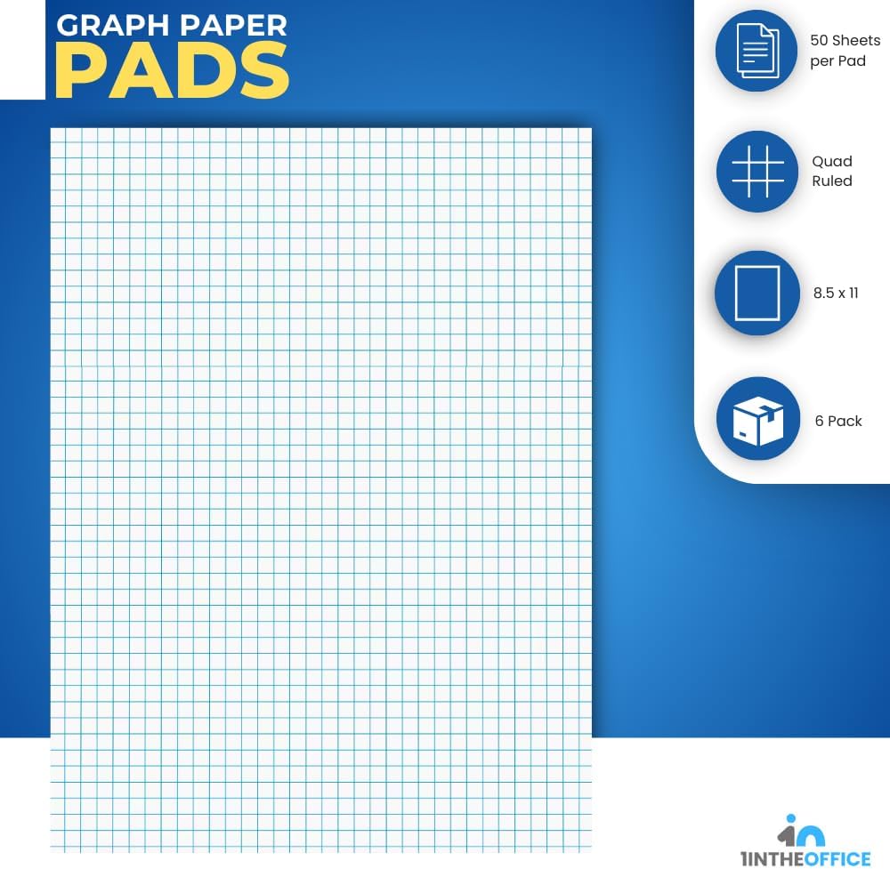 1InTheOffice Graph Paper Pad, Graphing Paper, Graph Paper Loose Leaf, Graph Paper Pads 8.5 x 11, Quad Ruled, 50 Sheets/Pad, 6 Pack