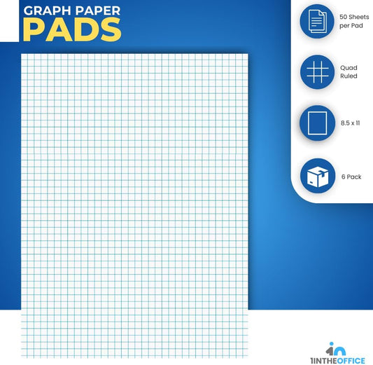1InTheOffice Graph Paper Pad, Graphing Paper, Graph Paper Loose Leaf, Graph Paper Pads 8.5 x 11, Quad Ruled, 50 Sheets/Pad, 6 Pack
