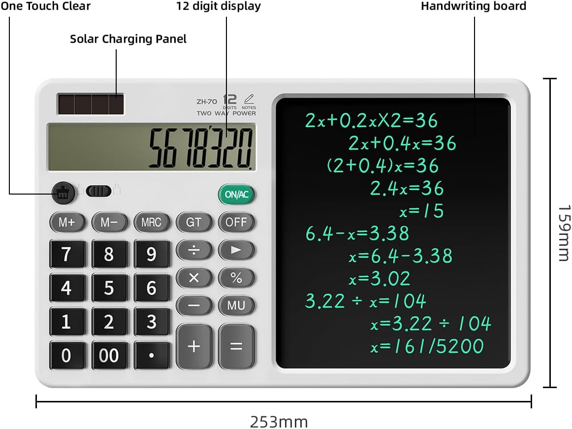 Desk Calculator with Erasable Writing Pad, 12-Digit Wide Screen Display, 100,000+ Reusable LCD Notepad, One-Click Clear & Lock Function, Solar and Battery Dual Power for Office,School,Business (Black)