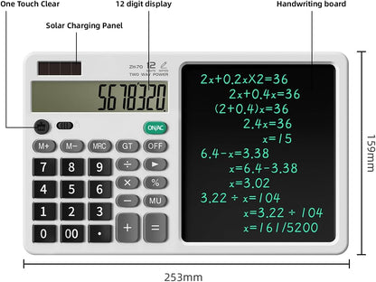 Desk Calculator with Erasable Writing Pad, 12-Digit Wide Screen Display, 100,000+ Reusable LCD Notepad, One-Click Clear & Lock Function, Solar and Battery Dual Power for Office,School,Business (Black)