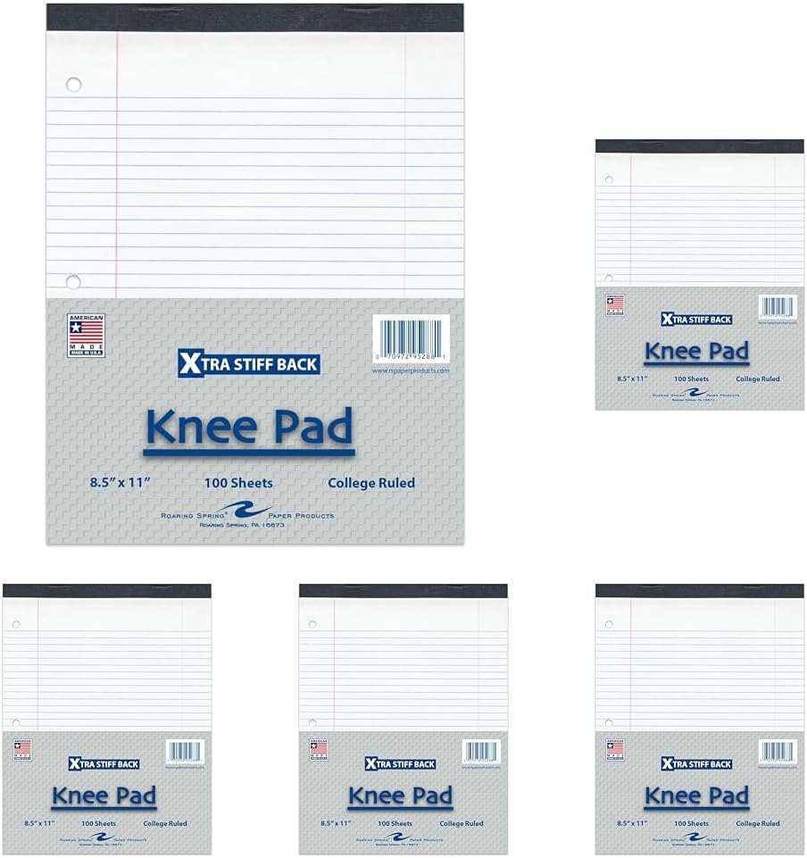 Roaring Spring Knee Pad College Ruled Extra Stiff Back Legal Writing Pad, 3 Hole Punched, 8.5 x "11.75" 100 Sheets, White