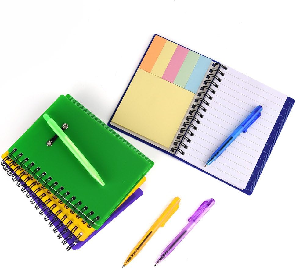 Coopay 4 Pieces Spiral Notebook Steno Pocket Notepad with Pen in Holder and Sticky Notes, Page Marker Index Tabs Flags Making Plans Writing Memos Office School Supplies (Yellow, Blue, Purple, Green)