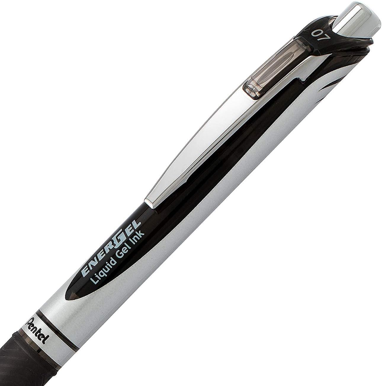 Pentel Energel 0.7 mm Deluxe RTX Liquid Gel Ink Pens, Metal Tip, Pack of 5 Black Pens with 3 Refills