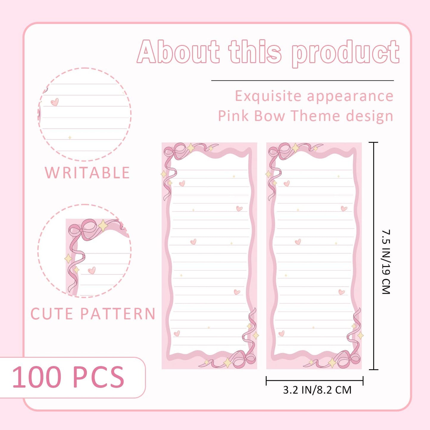 Well Tile 100pcs Pink Bow Notepad Bowknot List To-Do Paper Pad 3.2x7.5 Inch-Shopping List Memo Pad Cute Planner & Desk Accessories Notepad