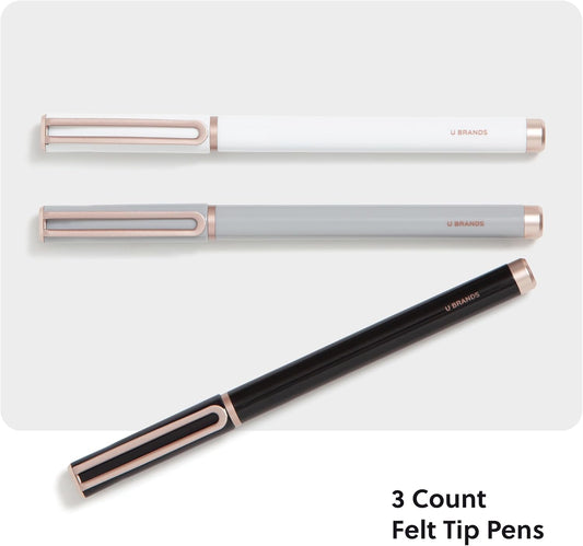 U Brands Catalina Felt Tip Pens, Set of 3, Classic Designs with Rose Gold Hardware, Medium (0.7 mm) Point, Black Ink