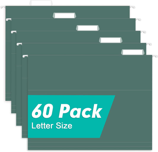 HERKKA Extra Capacity Hanging File Folders, 60 Pack Reinforced Letter Size Hanging Folders with Heavy Duty 3 Inch Expansion, Designed for Bulky Files, Medical Charts, Green