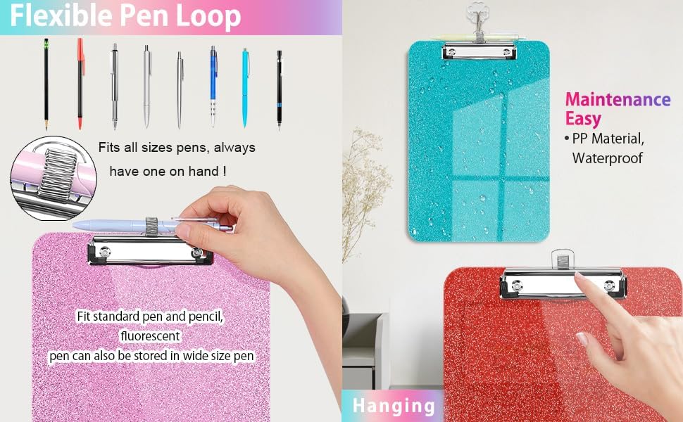 Sparkly Clipboard with Pen Holder, Clear Plastic Glitter Clip Board, Hanging Shiny Clipboards with Low Profile Metal Clip, Letter A4 Size for Taecher Women Office School (Rose Pink)