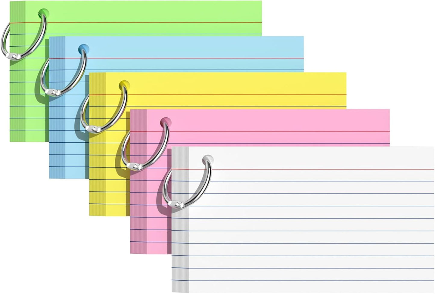 Index Cards 3x5 Inches, 300 PCS, Colored Flash Cards With Ring, Punched Lined Study Card Ruled Flashcards Notecards, Ruled Front And Blank Back, Note Card for School, College And Home