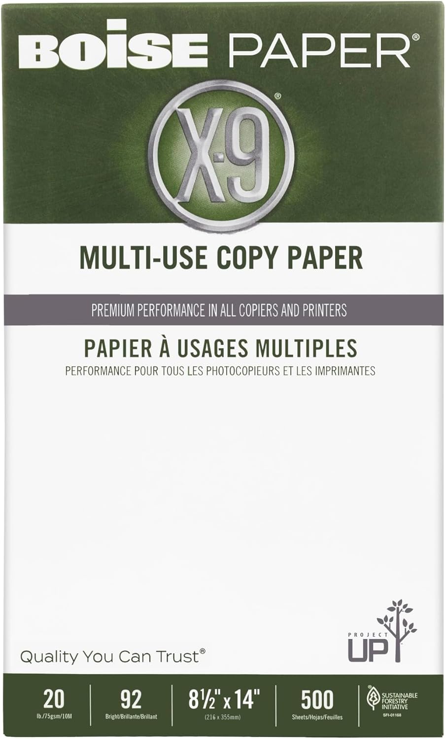Boise® X-9® Multi-Use Printer & Copy Paper, 10 Reams, White, Legal (8.5" x 14"), 5000 Sheets Per Case, 20 Lb, 92 Brightn