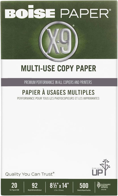 Boise® X-9® Multi-Use Printer & Copy Paper, 10 Reams, White, Legal (8.5" x 14"), 5000 Sheets Per Case, 20 Lb, 92 Brightn