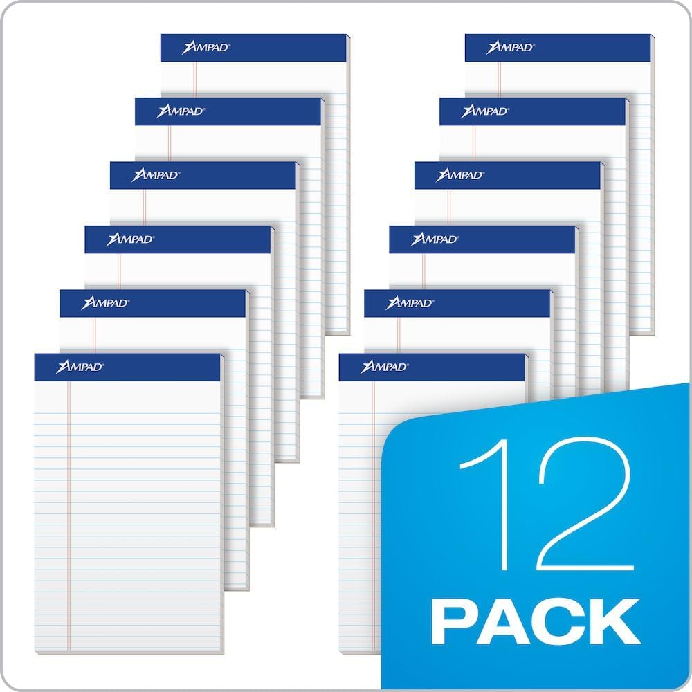 Ampad 5 x 8 Legal Pad, Medium Rule Writing Pads, Red Margin, White, 50 Sheets per Writing Pad, 12 Pack (20-304)