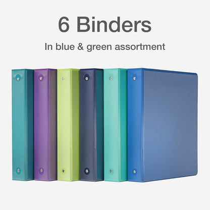 Cardinal 3 Ring Binders, Binders for School and Office, Durable 1.5 Inch, Holds 350 Sheets, ClearVue Presentation View, Non-Stick, Blue and Green Assortment, 6 Pack (1002480)