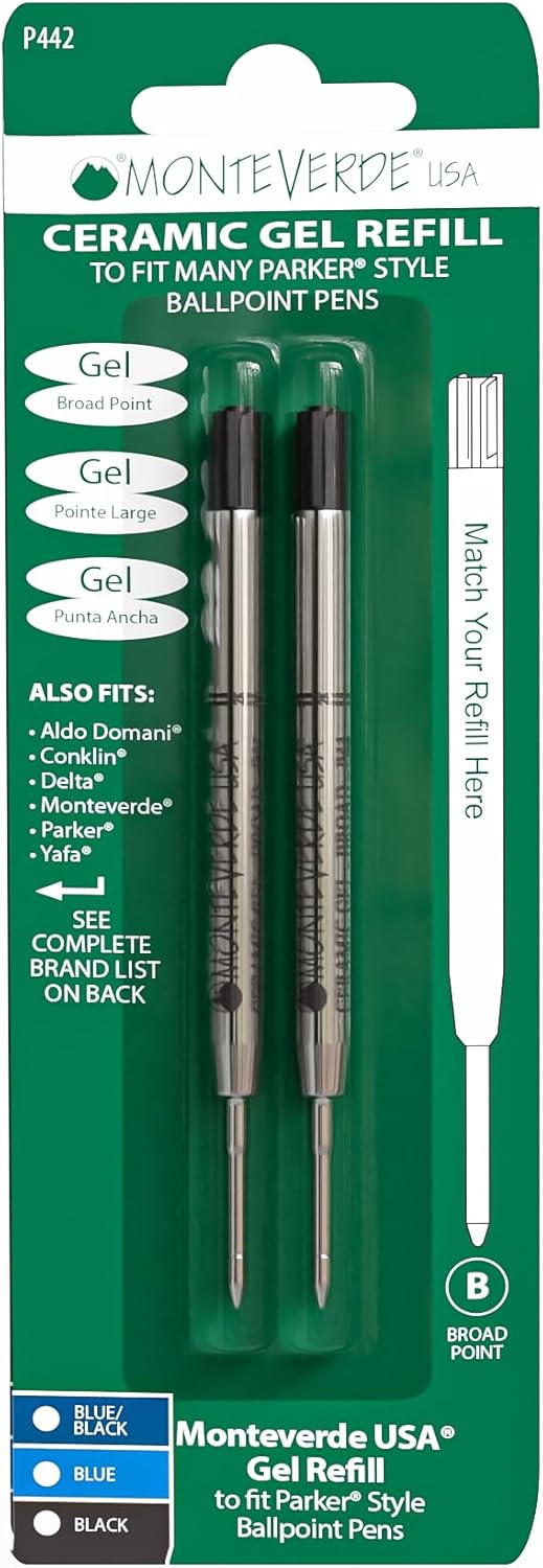 Monteverde USA Capless Ceramic Gel Refills to Fit Parker Pens, Broad Point, Blue Ink, 2-Pack – Smooth and Vibrant Writing Solution