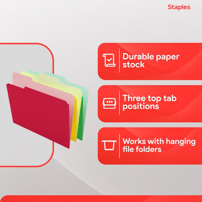 Staples File Folders, Letter Size, 1/3‑Cut Tabs, Purple, Durable 10.5‑Point Paper Stock, 100/Pack