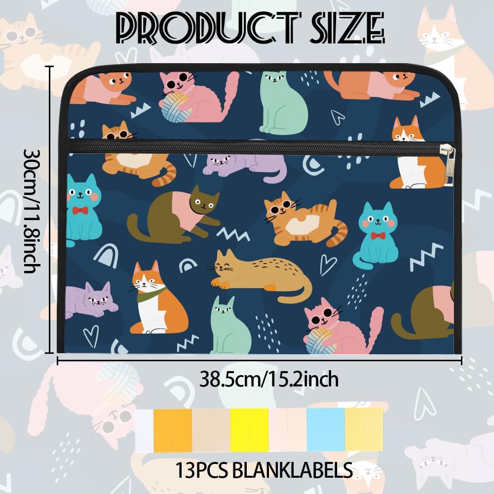 WEBEEDY Cartoon Cat Expanding File Folder 13 Pockets Cute Cat Accordion File Organizer with Labels and Zipper, Waterproof Portable Document Organiser for A4 Paper Photo Letter Receipt Paperwork