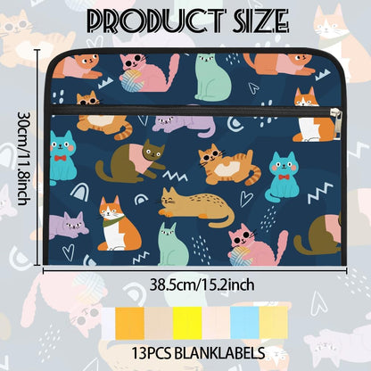 WEBEEDY Cartoon Cat Expanding File Folder 13 Pockets Cute Cat Accordion File Organizer with Labels and Zipper, Waterproof Portable Document Organiser for A4 Paper Photo Letter Receipt Paperwork