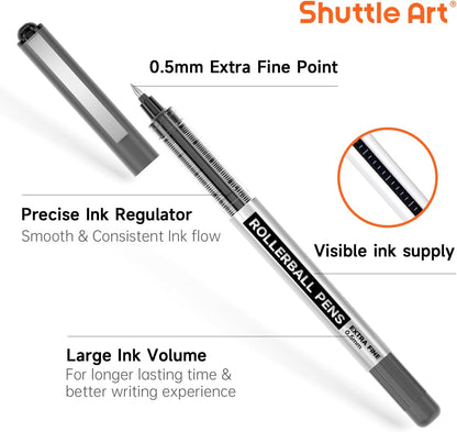 Shuttle Art RollerBall Pens, 50 Pack Black Fine Point Roller Ball Pens, 0.5mm Liquid Ink Pens for Writing Journaling Taking Notes School Office