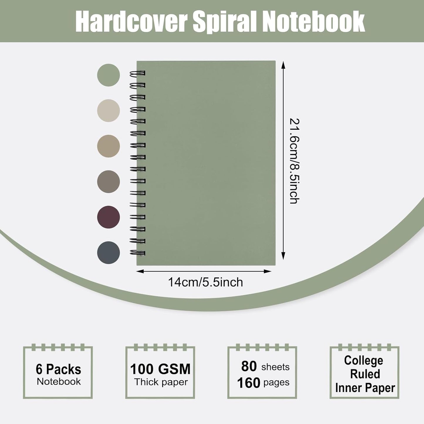 EOOUT 6pcs Hardcover Spiral Notebook, A5 Lined Spiral Journals 5.5x8.5in, 160 Pages Journal Notebook for Work, Office