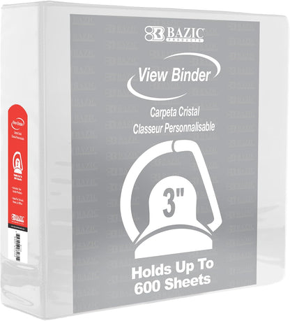 BAZIC Products 3 Ring Binder 3" View Binders Slant D Ring Organizer - White, Hold 600 Sheets Paper, for School Office Home, 2-Count