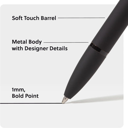 U Brands Midnight Monterey Ballpoint Pens, 4 Count, Black Soft Touch, Painted Black Details, Bold (1.0 mm) Point, Black Ink