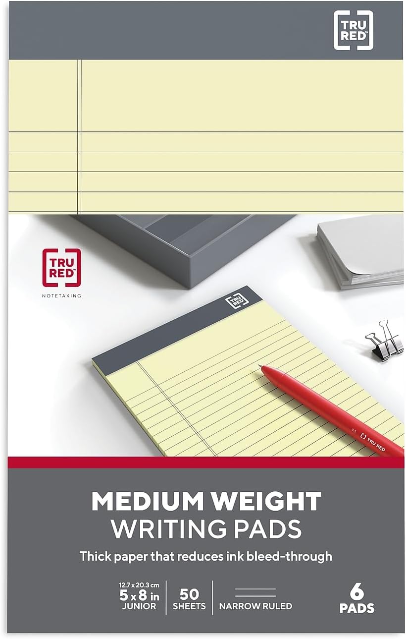 TRU RED Notepads, 5” x 8”, Narrow Ruled, Canary, 50 Sheets/Pad, 6‑Pack