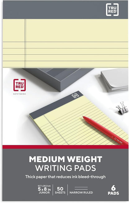 TRU RED Notepads, 5” x 8”, Narrow Ruled, Canary, 50 Sheets/Pad, 6‑Pack