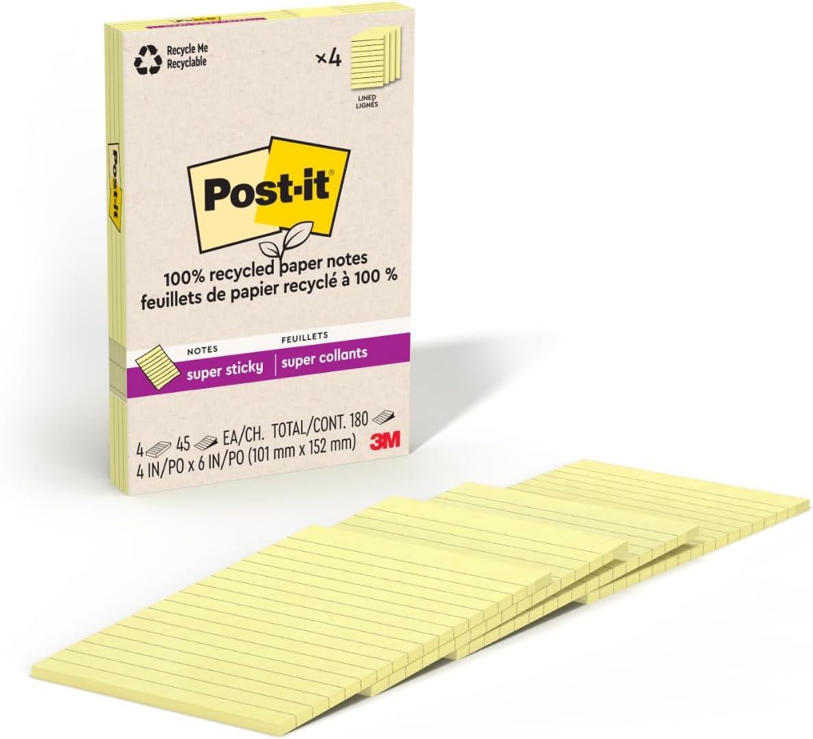 Post-it 100% Recycled Paper Super Sticky Notes, Lined, 4 in. x 6 in., 4 Pads, 45 Sheets per Pad, Wanderlust Pastels, School Supplies and Office Products