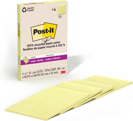 Post-it 100% Recycled Paper Super Sticky Notes, Lined, 4 in. x 6 in., 4 Pads, 45 Sheets per Pad, Wanderlust Pastels, School Supplies and Office Products