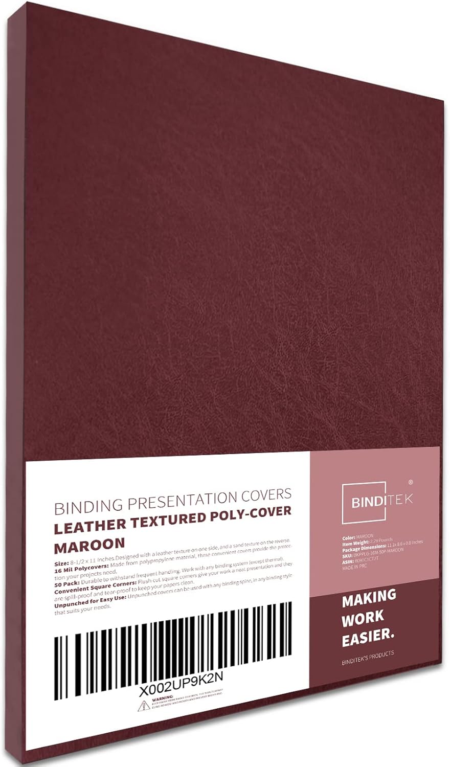 Binditek 100 Pack 16 Mil Leather-Textured Heavyduty Polycovers, Plastic Binding Presentation Covers, Letter Size, 8-1/2 x 11", Square Corners, Un-Punched, Black