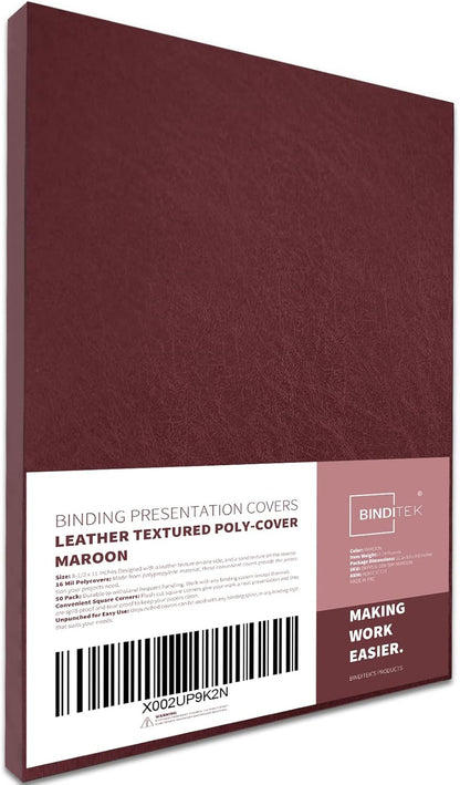 Binditek 100 Pack 16 Mil Leather-Textured Heavyduty Polycovers, Plastic Binding Presentation Covers, Letter Size, 8-1/2 x 11", Square Corners, Un-Punched, Black