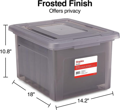 STAPLES File Folder Tote, Portable Filing Box for Letter SIze Hanging Folders, Security Latch & Built-In Lid Organizer, Black/Clear