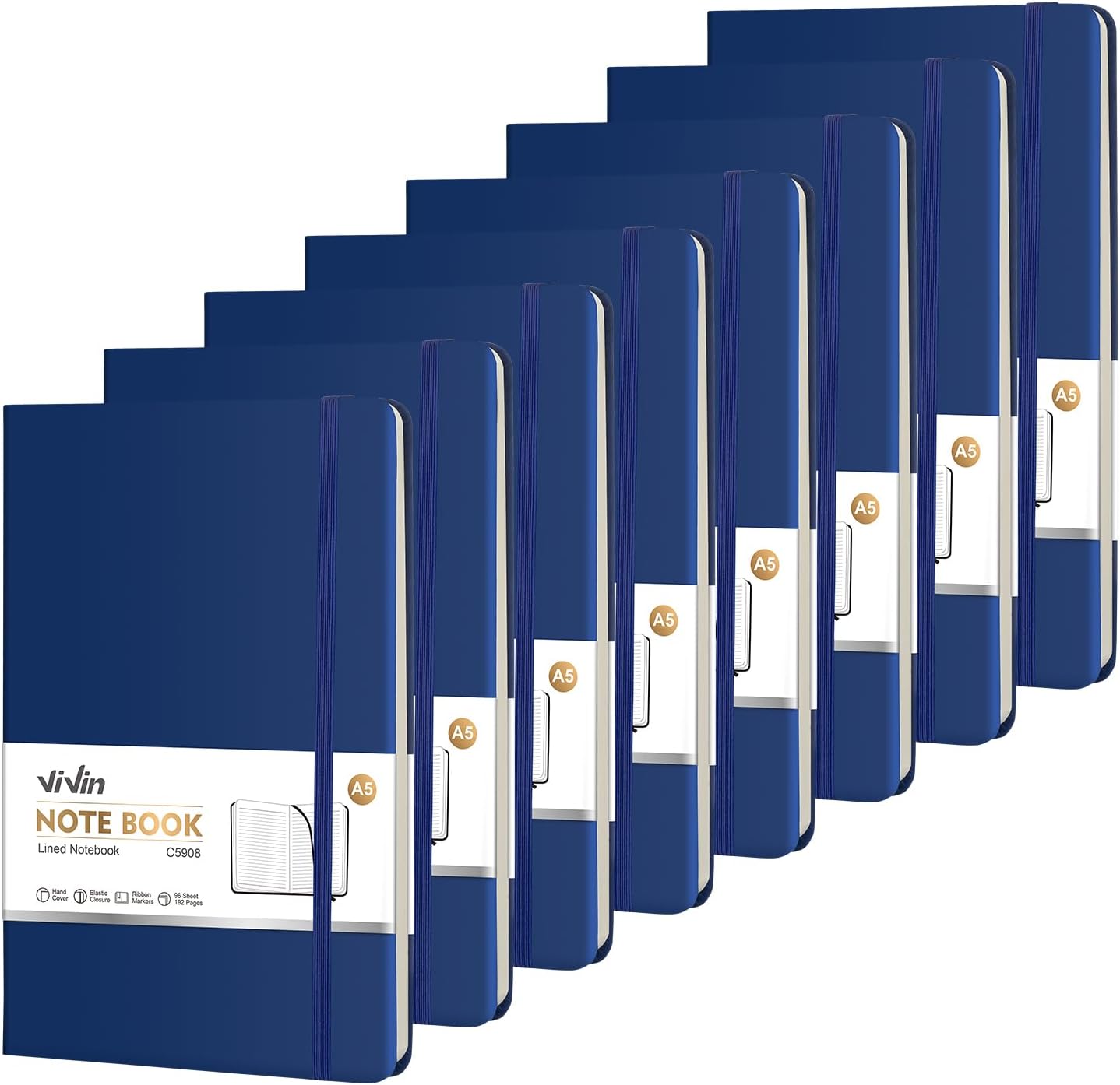 ViVin Lined Journal Notebooks for Work, 192 Pages, Medium 5.5 x 8.3 inch, College Ruled, A5 Hardcover Journaling Notebooks for Writing, 8 Pack Bulk,Black