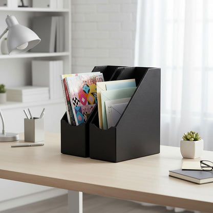 UnionBasic Magazine File Holder, Leatherette Desktop Document Organizer, Home Office Paper Holder File Storage Literature Sorter, Grey